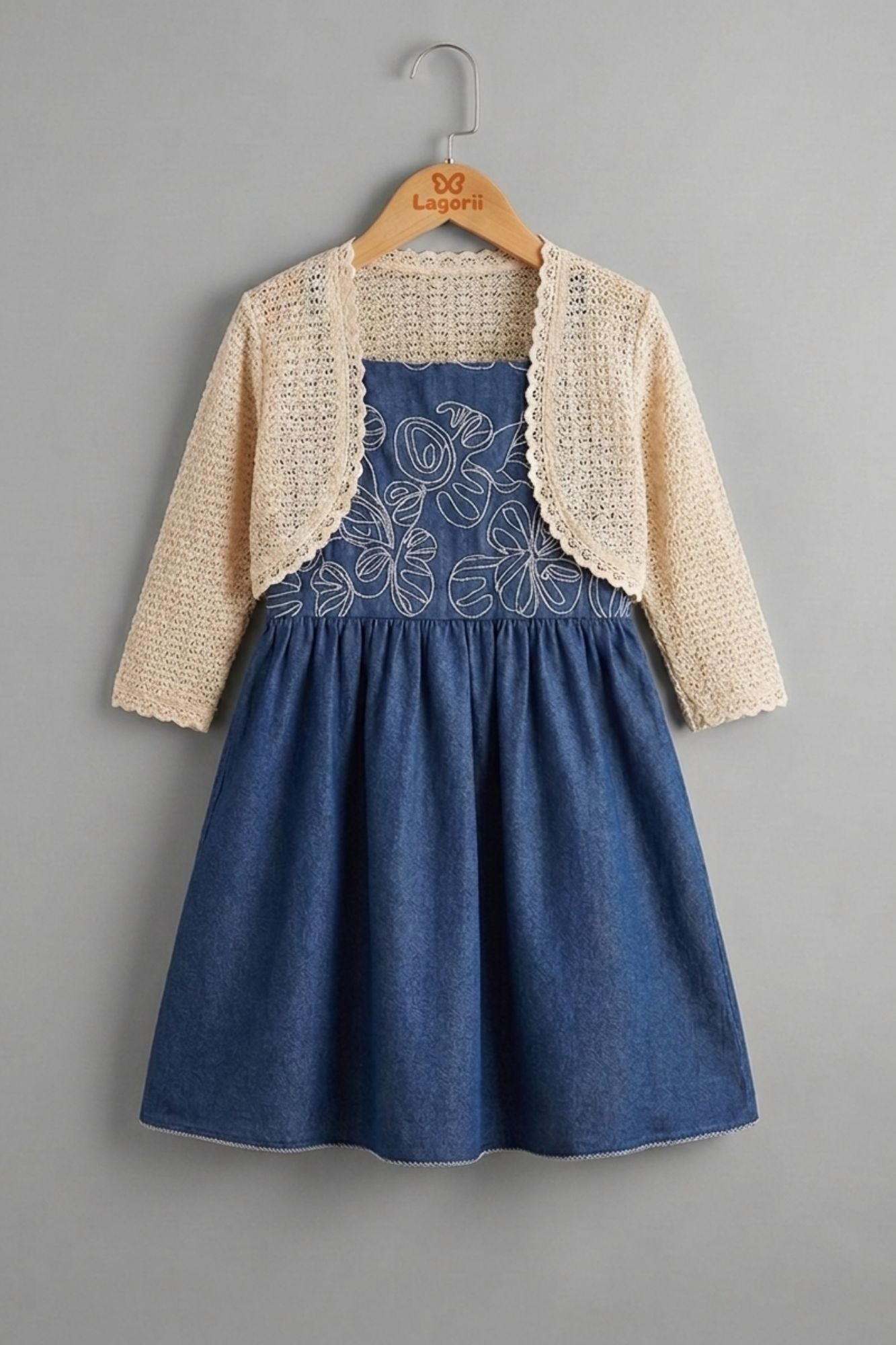 Denim Blue Embroidered Dress With Crochet Shrug For Girls