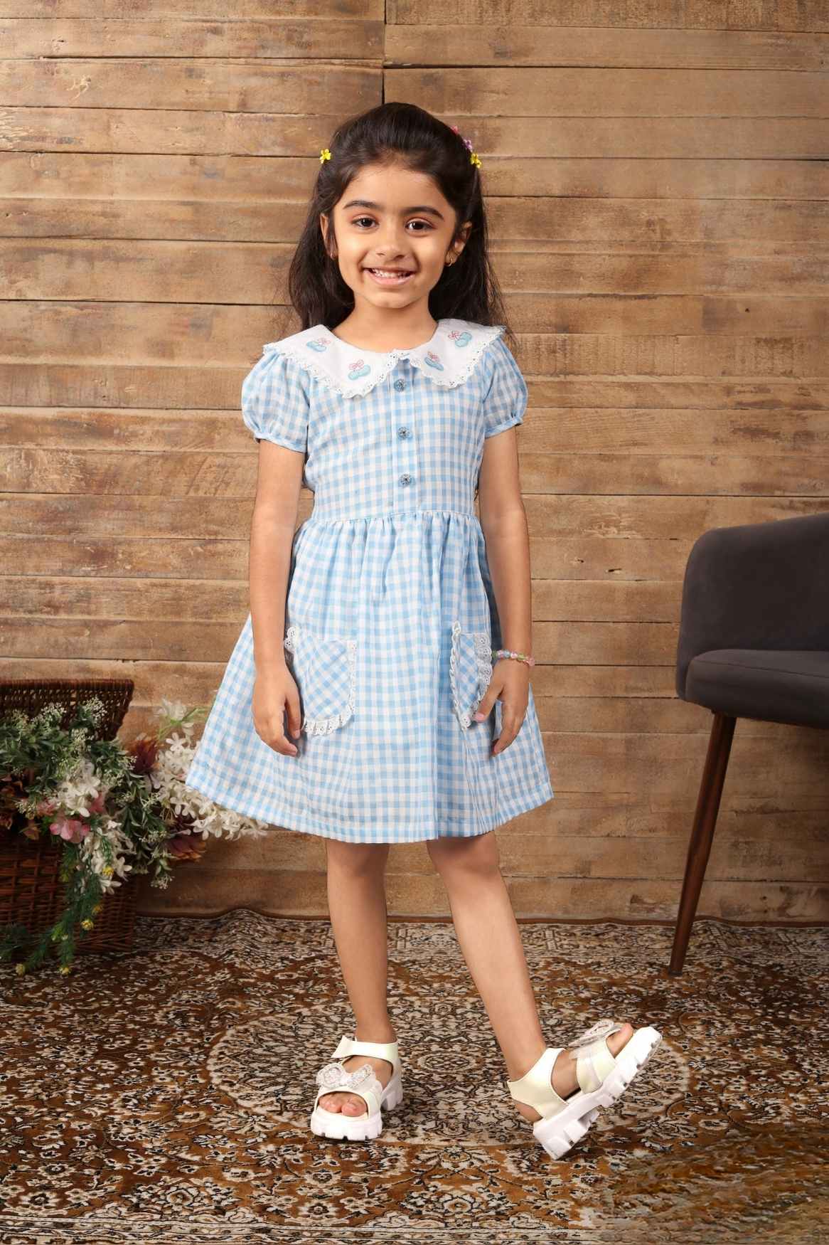 Blue Checked And Embroidery Frock For Girls – Lagorii Kids