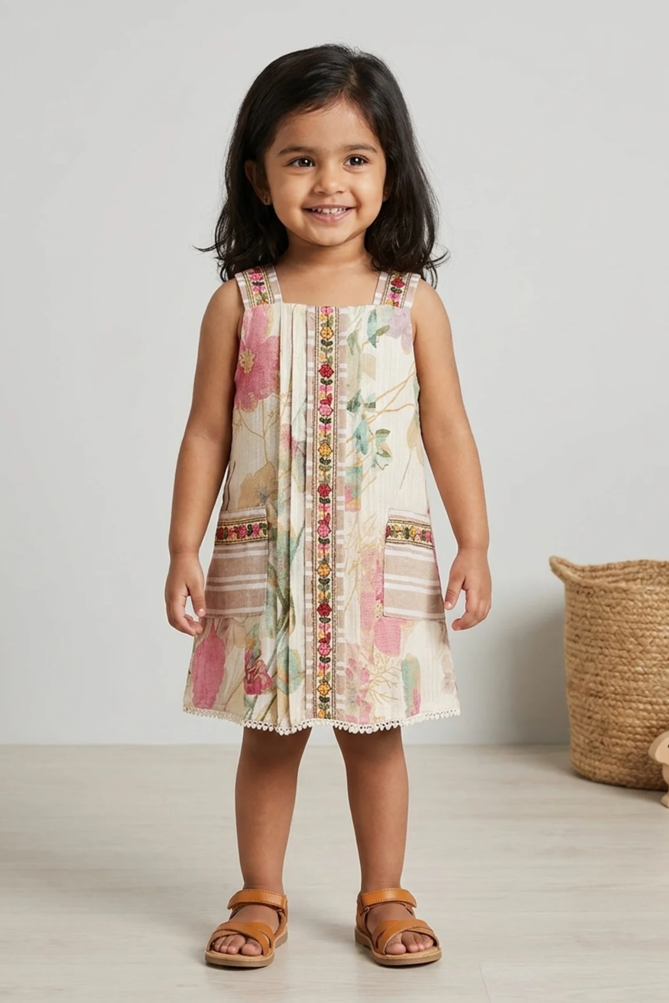 Girls Multicolor Floral Printed Sleveless Dress with Embroidered Panel 3-6M (14)
