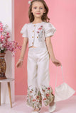 Off White Floral Printed Top and Wide Legged Pant Set With Hand Bag For Girls