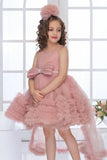 Onion Pink High-Low Tulle Party Frock with Oversized Bow For Girls