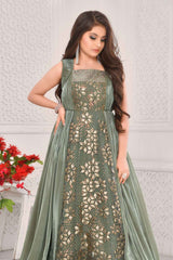 Elegant Olive Green Party Gown With Gold Foil Work For Girls