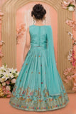 Aqua Blue Multicolor Embroidered Lehenga Choli Set For Girls