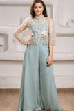 Pastel Blue Cape Style Palazzo Set With Sequin Floral Embroidery For Girls