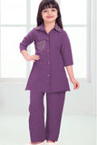 Purple Casual Top With Matching Straight Pant Set For Girls