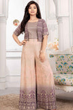Grape Half Sleeves And Sequin Embroidered Palazzo Set For Girls