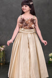 Gold Embellished Party Gown with 3D Rose Appliqué Bodice For Girls