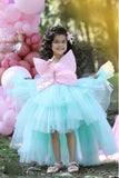 Pink And Sea Green Tulle Tailback Party Wear Frock With 3D Butterfly Embellishment For Girls