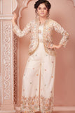 Cream Floral Embroidered Ethnic Co-Ord Set with Jacket for Girls
