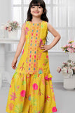 Mustard Floral Printed And Mirror Work Sharara Set For Girls