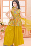 Mustard Yellow Palazzo Set With Embroidered Peplum Top For Girls