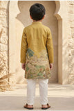 Mustard Scenic Print Kurta with Cream Pajama Set For Boys
