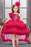 Rani Pink Sequin High-Low Party Dress with Layered Ruffle Hem For Girls