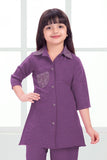 Purple Casual Top With Matching Straight Pant Set For Girls