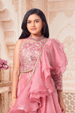 Rose Pink Ruffle Layered Lehenga Choli with Embroidered Ruffled Dupatta For Girls