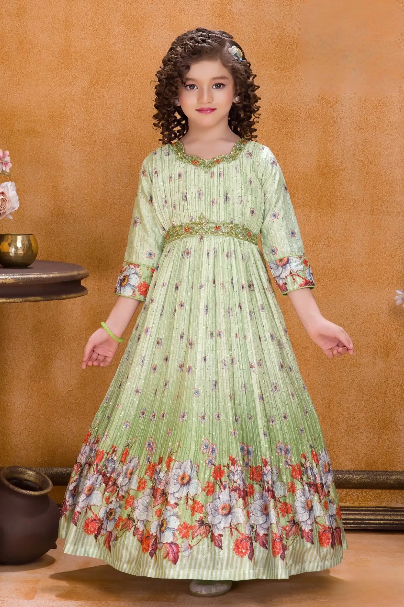 Light Green Floral Printed Ethnic Long Gown With Embellished Waist For Girls 5-6Y(24) Light Green Floral Printed Ethnic Long Gown With Embellished Waist For Girls 5-6Y(24)