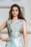 Aqua Blue Heavy Embroidered Crop Top with Flowing Palazzo For Girls