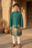 Green Scenic Print Kurta with Cream Pajama Set For Boys