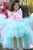 Pink And Sea Green Tulle Tailback Party Wear Frock With 3D Butterfly Embellishment For Girls