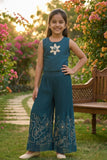 Teal Co-ord Set with Cream Lace Jacket & Floral Motif Top For Girls