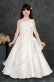 White Layered Organza Party Gown with Asymmetric Sequin Embroidery For Girls