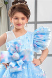Sky Blue One-Shoulder Bow Party Gown for Girls