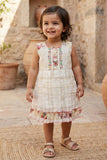 Cream Pleated Lace & Patch Floral Frock for Girls