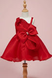 Red Embellished Party Frock with Pleated Petal Bow For Girls