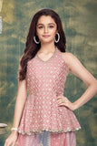 Pink Sequins Embroidered Peplum Palazzo Set with Dupatta For Girls