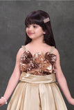 Gold Embellished Party Gown with 3D Rose Appliqué Bodice For Girls
