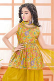Mustard Yellow Palazzo Set With Embroidered Peplum Top For Girls