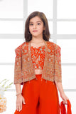 Orange Embroidered Crop Top with Jacket and Palazzo Set For Girls