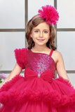 Rani Pink Sequin High-Low Party Dress with Layered Ruffle Hem For Girls