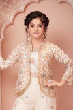 Cream Floral Embroidered Ethnic Co-Ord Set with Jacket for Girls