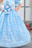 Sky Blue One-Shoulder Bow Party Gown for Girls