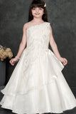 White Layered Organza Party Gown with Asymmetric Sequin Embroidery For Girls