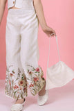Off White Floral Printed Top and Wide Legged Pant Set With Hand Bag For Girls