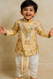 Yellow Patchwork-Style Kurta with Cream Dhoti Set