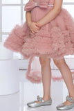 Onion Pink High-Low Tulle Party Frock with Oversized Bow For Girls