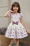 Cream With Lavender Floral Print Party Frock with Satin Bow Waist Accent For Girls