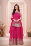 Hot Pink Bandhani Sharara Set with Dupatta & Golden Embroidery For Girls