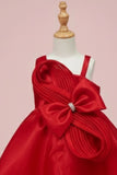 Red Embellished Party Frock with Pleated Petal Bow For Girls