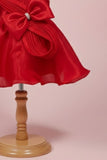 Red Embellished Party Frock with Pleated Petal Bow For Girls