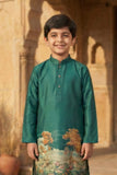Green Scenic Print Kurta with Cream Pajama Set For Boys