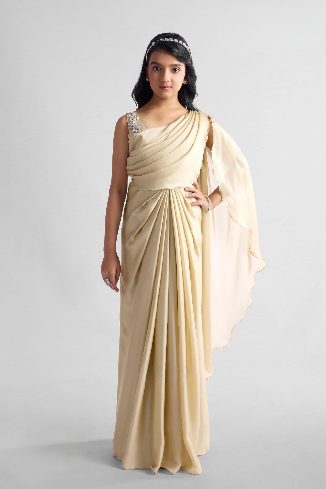 Cream Pre-Draped Saree Gown with Embellished Strap For Girls 16Y+ (40)
