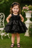 Black Floral Appliqué Tiered Frock For Girls