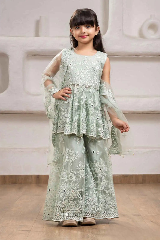 Elegant Green Floral Embroidered And Mirror Work Palazzo Set for Girls