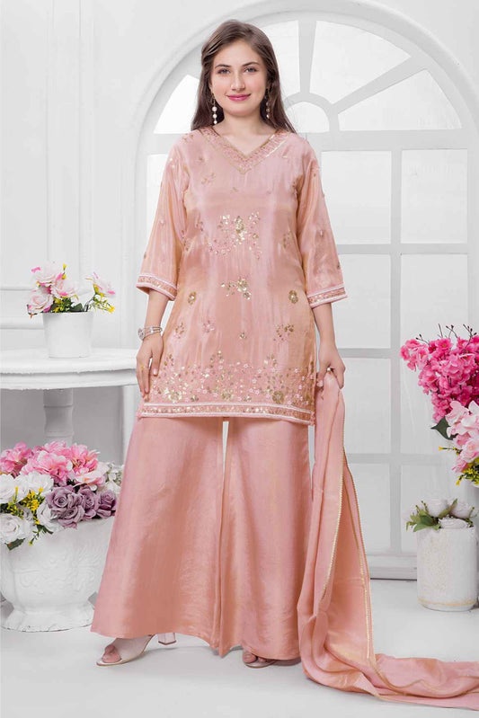 Pink Embroidered Palazzo Set With Dupatta For Girls