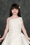 White Layered Organza Party Gown with Asymmetric Sequin Embroidery For Girls