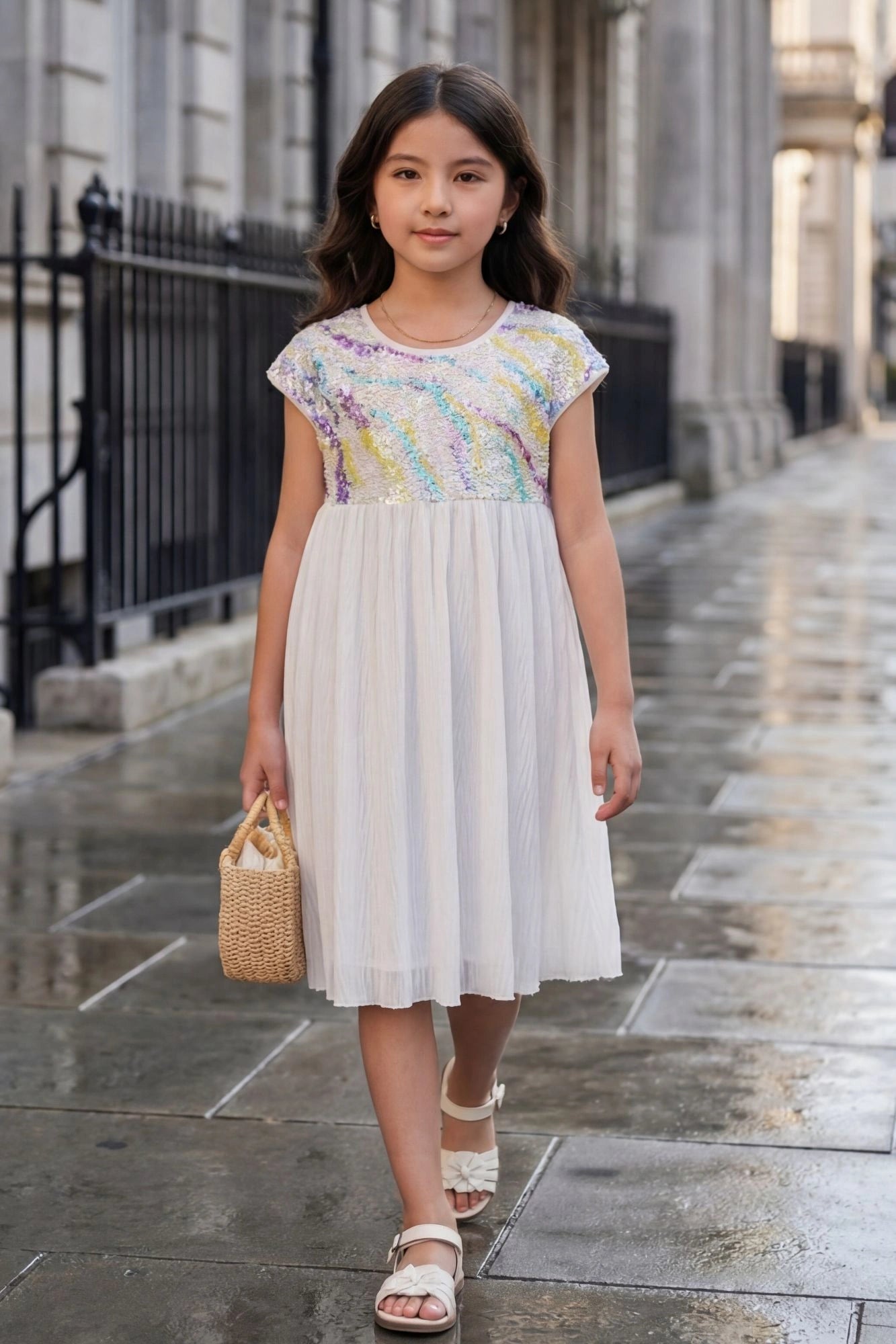 White Sequin Bodice Party Dress For Girls